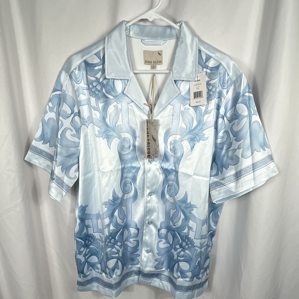 Stone Falcon Men's‎ Size XL Short Sleeve Blue Floral Spread Collar Shirt